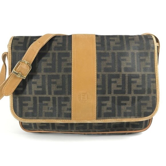 FENDI vintage Zucca logo bag flap crossbody Shoulder Bag PVC/Leather Brown - Picture 1 of 13